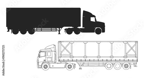 Black truck and flatbed trailer design shown in detailed silhouette