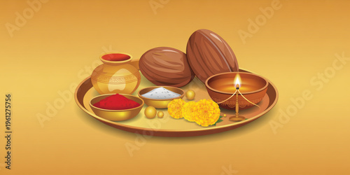 Diwali Puja, Hindu Festival, Traditional Worship, Indian Rituals, Gold Coins, Diya Lamp, Puja Thali