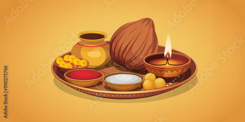 Diwali Puja, Hindu Festival, Traditional Worship, Indian Ritual Vector