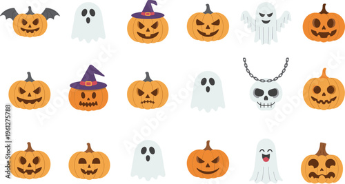 Halloween pumpkin and ghost icons collection, spooky cute vector illustration set, jack o lantern faces, autumn holiday design elements