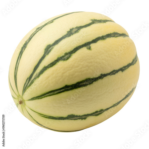 Whole yellow melon with green stripes and stem fruit food isolated on a transparent background