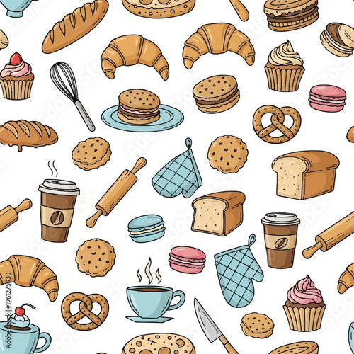 Assorted pastries, breads, and beverages scattered in a cozy bakery scene.