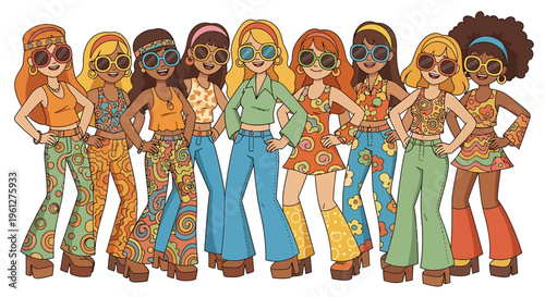 Diverse group of young women in 1960s and 1970s fashion.