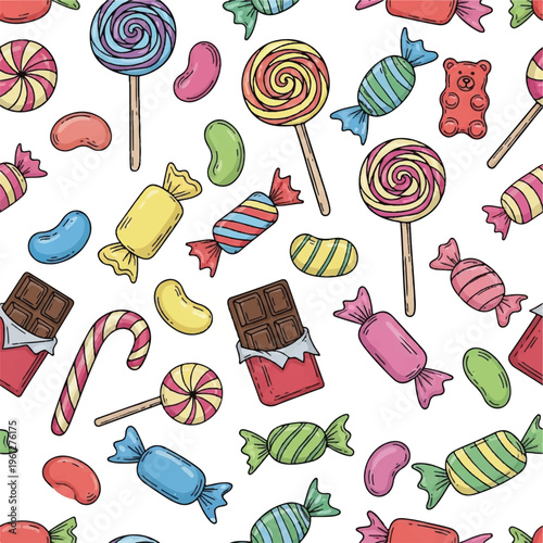 Colorful assortment of candies, lollipops, and chocolates scattered playfully across a white background.