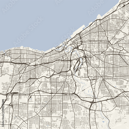 Cleveland City Map Sophisticated Geometric Urban Topography Featuring Meticulous Linework and Balanced Composition in a Timeless Minimalist Scandinavian Blueprint Aesthetic for Office Decor.