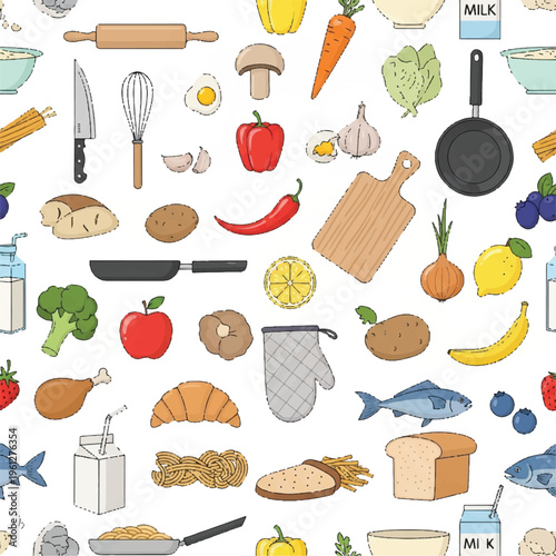 Assorted kitchen items and fresh ingredients scattered across a colorful cooking collage.