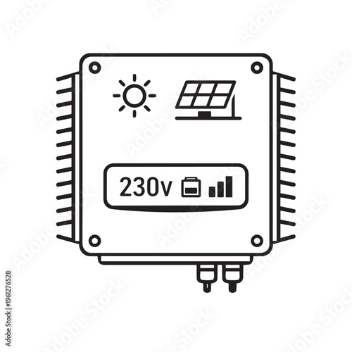Vector graphic illustration of a solar power inverter device with a 230V output and battery charging indicator for renewable energy systems