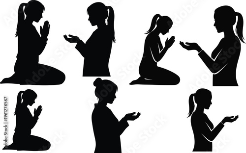 Collection of black silhouettes depicting women kneeling in prayer and supplication gestures on a white background