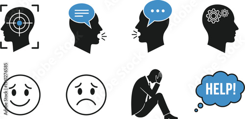 A comprehensive set of mental health icons illustrating concepts like depression, communication, emotional states, and psychological processes on a clean white background.