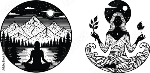 Black and white illustrations featuring a person meditating in a mountain landscape and a spiritual goddess figure emerging from waves.