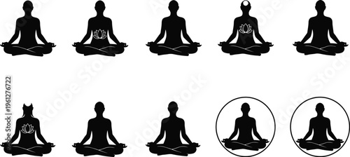 A comprehensive collection of black silhouettes illustrating individuals in deep meditation, featuring lotus symbols and spiritual energy, on a clean white background.