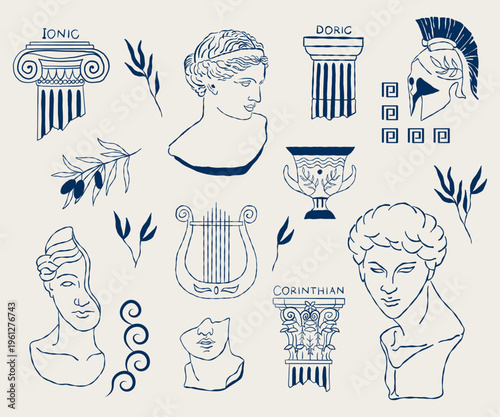 Billede på lærred Hand-drawn illustration: a Greek statue on a white background featuring an olive branch, ancient columns, a wine vessel and a Roman helmet