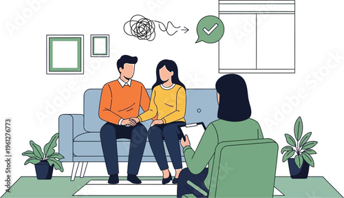 Flat vector illustration of a couple sitting on a sofa during a counseling session with a therapist, seeking resolution for relationship issues.
