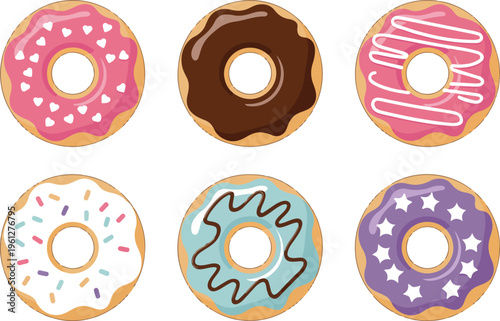 Cute Colorful Cartoon Donuts Vector Set with Sprinkles Frosting and Smiling Faces Fun Dessert Characters Illustration