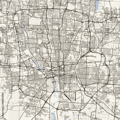 Columbus City Map Sophisticated Geometric Urban Topography Featuring Meticulous Linework and Balanced Composition in a Timeless Minimalist Scandinavian Blueprint Aesthetic for Home Interior.