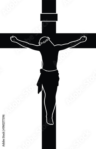 Black Silhouette of Jesus Christ on Cross with Crown of Thorns Minimalist Religious Symbol for Christian Faith Good Friday and Easter