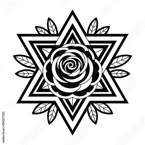 glyph style icon of blooming rose, elegant floral symbol in minimal line art design, decorative botanical element for logo branding tattoo print and creative illustration projects.