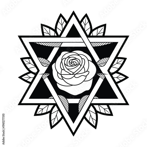 glyph style icon of blooming rose, elegant floral symbol in minimal line art design, decorative botanical element for logo branding tattoo print and creative illustration projects.