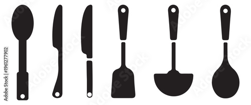 Kitchen Utensil Icon Set – Black Editable Stroke Vector Collection of Cooking Tools on White Background