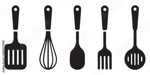 Kitchen Utensil Icon Set – Black Editable Stroke Vector Collection of Cooking Tools on White Background