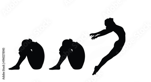 silhouette of woman doing backflip on white background