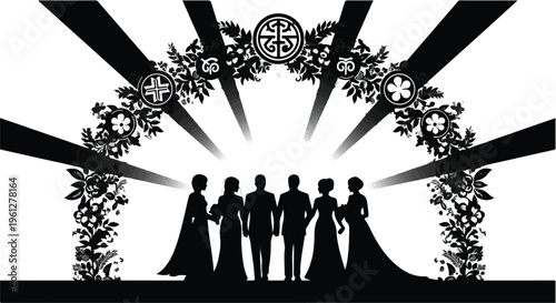 wedding party silhouette with floral arch