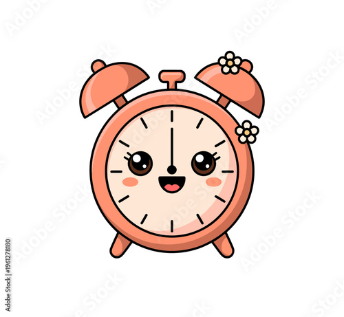 A cute cartoon alarm clock with a smiling face and pink color, designed as a vector graphic illustration