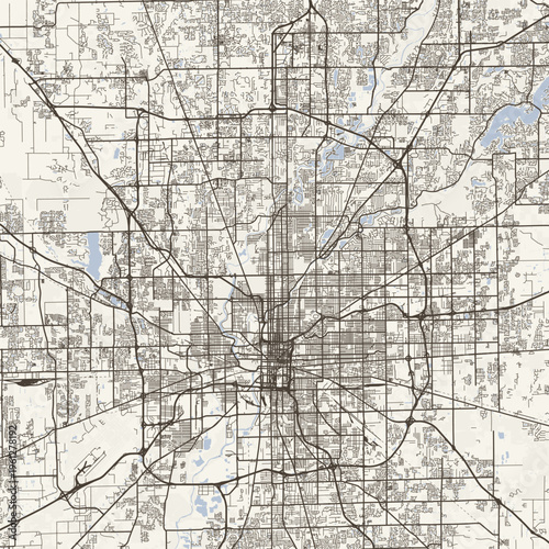 Indianapolis City Map Sophisticated Geometric Urban Topography Featuring Meticulous Linework and Balanced Composition in a Timeless Minimalist Scandinavian Blueprint Aesthetic for Studio Decor.