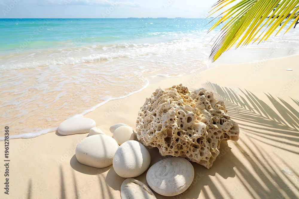 Obraz premium Peaceful beach scene with white stones and coral on sand