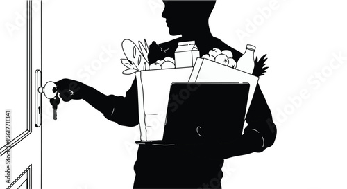 Silhouette of person holding gifts and keys to new home
