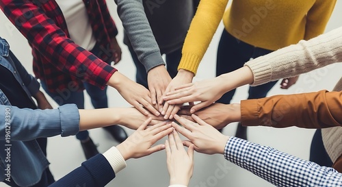 Diverse group of people stacking hands together in a circle for teamwork and unity
