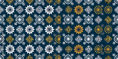 Intricate floral and snowflake pattern on a dark navy background