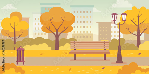 Autumn park scene with trees a bench and city buildings in background