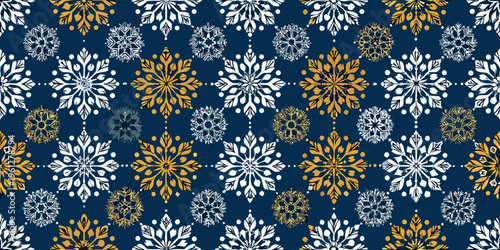 Intricate snowflake pattern with gold and white elements on navy