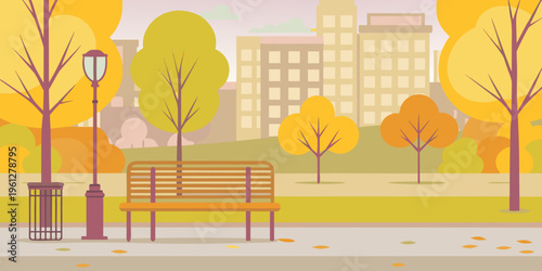 Autumn park scene with a bench and colorful trees in the background