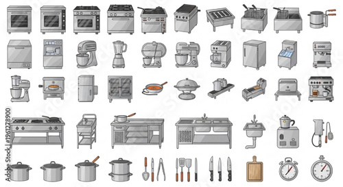 Commercial Kitchen Equipment, Restaurant Appliances, Stainless Steel, Catering Tools, Cooking Equipment Vector Set for Modern Food Service and Industrial Culinary Design