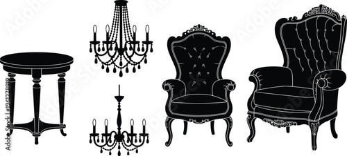 Vintage furniture silhouettes, antique armchairs, ornate chandeliers, round side table, classic interior decor, luxury design, historical illustration, elegant home style