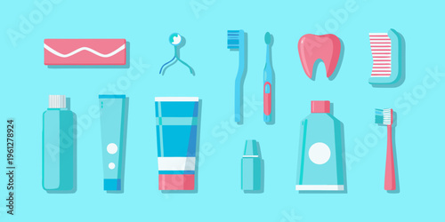Colorful flat lay of various dental hygiene products and a tooth