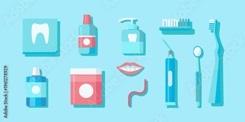 Collection of dental hygiene products and related imagery in flat design