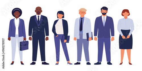 Diverse group of business professionals standing in a row facing forward