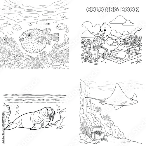 Cute cartoon telescope on earth, planets, rockets, and space, line art vector, outer space