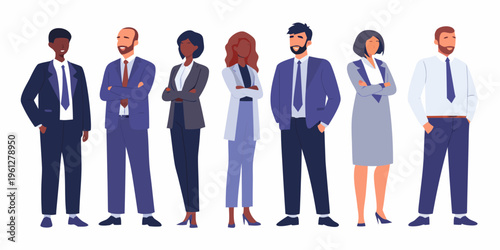 Diverse group of professionals standing together in a modern illustration