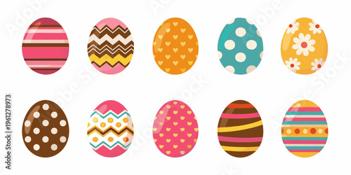 A collection of brightly colored and patterned easter eggs on a white background