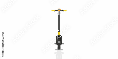 Front view of a black electric scooter with yellow handlebar grips