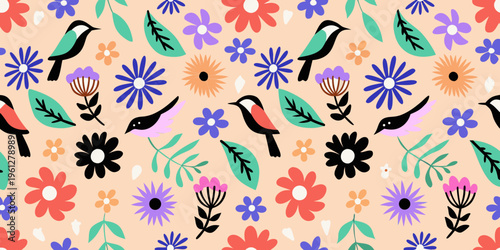 Colorful floral pattern featuring birds and a variety of blooms