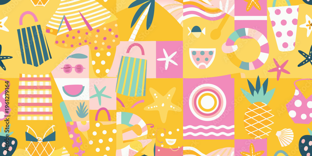 Obraz premium Colorful summer pattern featuring beach elements and geometric shapes
