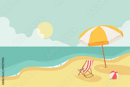 Beautiful Seascape. Deck chair and beach umbrella on the sand coast. Banner Seaside Holiday Vector Illustration.