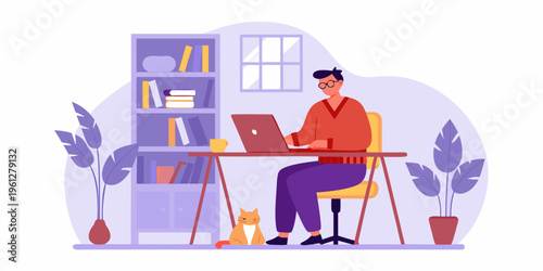 Man working on laptop at desk with cat in a home office