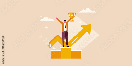 A victorious businessman celebrates success atop a rising arrow chart