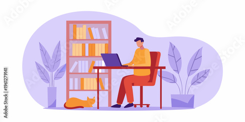 Man working on laptop with cat bookshelf and plants nearby